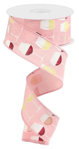Wired Pink Background Wine Ribbon-1.5”x10 Yards