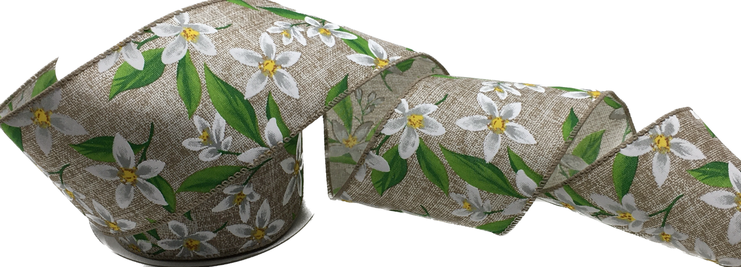 10 Yards - 2.5" Wired White Lilly Flowers on Natural Background Ribbon