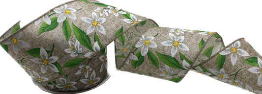 10 Yards - 2.5" Wired White Lilly Flowers on Natural Background Ribbon