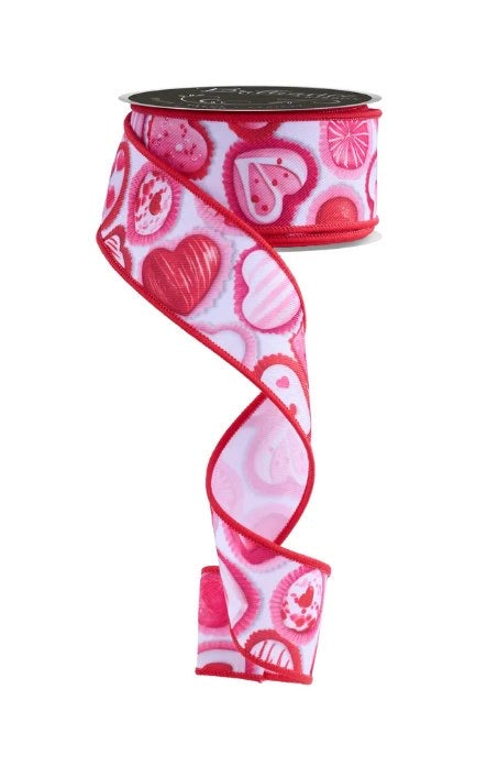 Wired White Background Pink and Red Hearts Valentines Day Ribbon- 1.5”x10 Yards