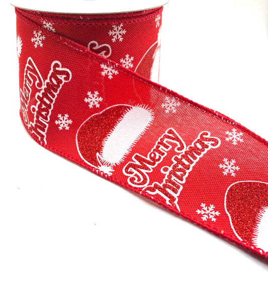 10 Yards - 2.5” Wired Red Merry Christmas Santa Hat Ribbon