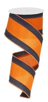 10 Yards - 2.5” Wired Orange and Navy Stripe Satin Ribbon