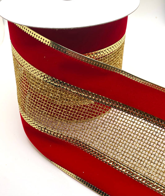 4” x 10yd Wired Gold Glitter Net with Gold Metallic Red Velvet Edge Ribbon