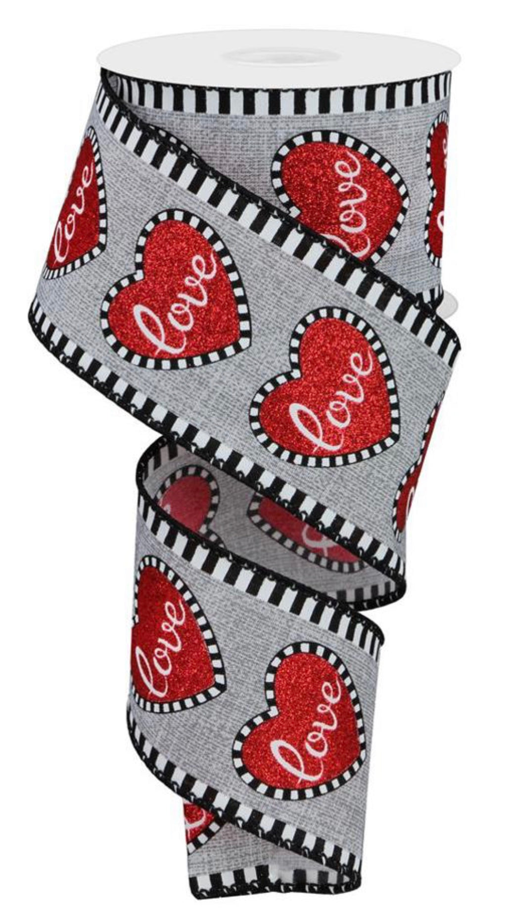 10 Yards - 2.5” Wired Gray Background Valentine Love Heart Ribbon with Black and White Stripe Edge