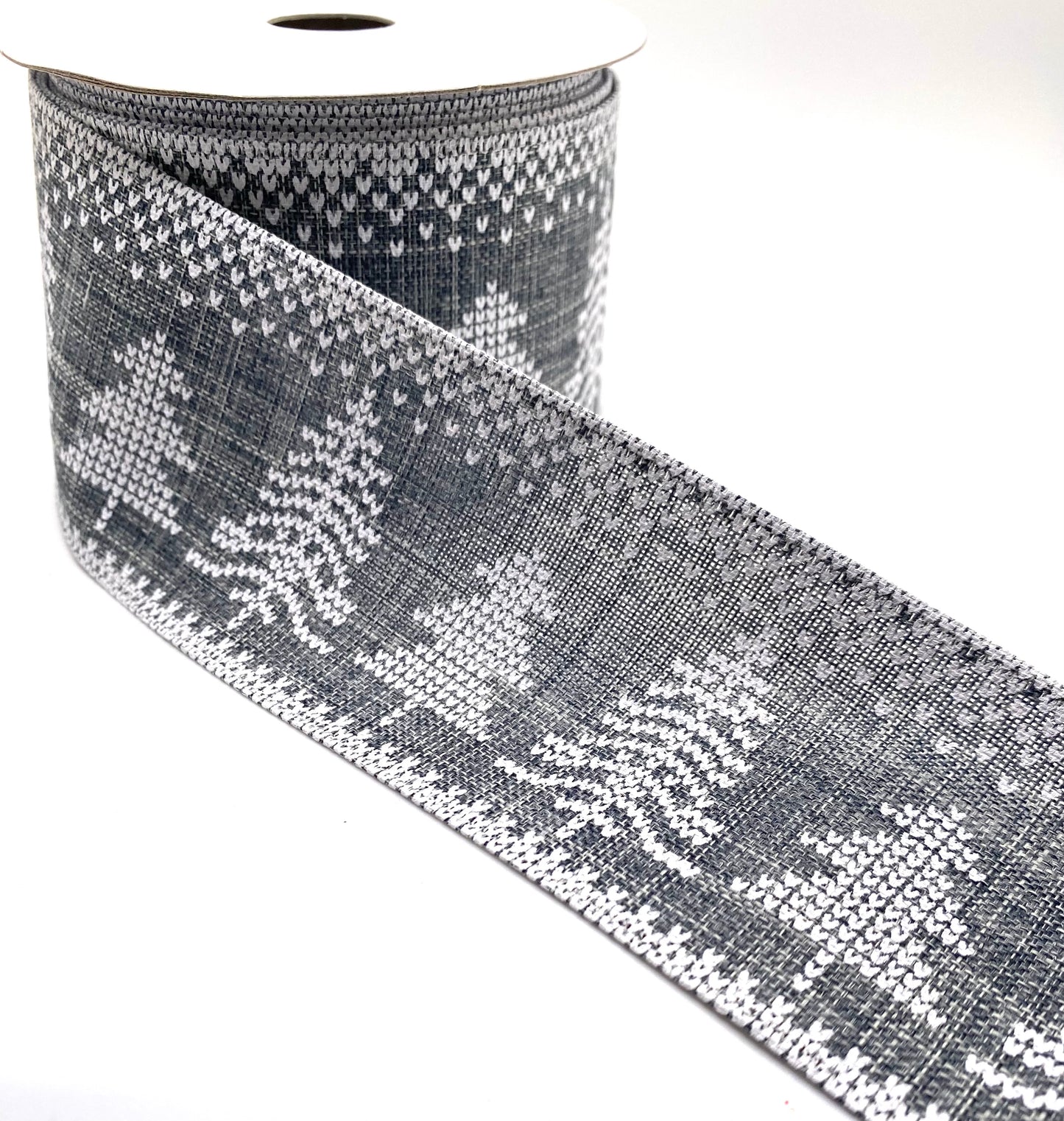 10 Yards - 2.5” Wired Gray Linen White Tree Ribbon