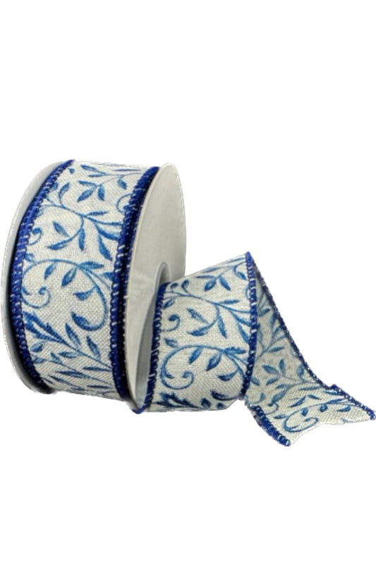 Wired Ivory Linen Navy Foilage Swirls-1.5”x10 Yards