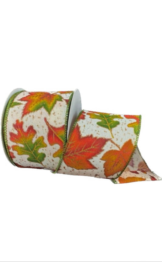 Wired Fall Leaves with Glitter Accent  on Poly Linen Ribbon- 2.5”x10 Yards