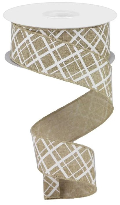 Wired Natural and White Thick/Thin Diagonal Check Ribbon-1.5”x10 Yards