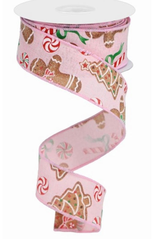 10 Yards - 1.5” Wired Gingerbread Candy on Royal Pink Ribbon