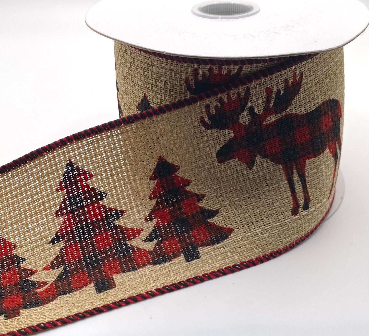 10 Yards - 2.5" Wired Natural with Buffalo Check Deer and Trees Reindeer Ribbon