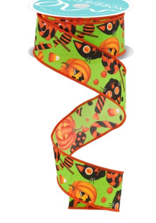 10 Yards - 1.5” Wired Pumpkin Cat Candy Green Background Ribbon