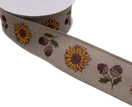 10 Yards - 1.5” Wired Light Natural Linen Sunflower and Acorn Ribbon