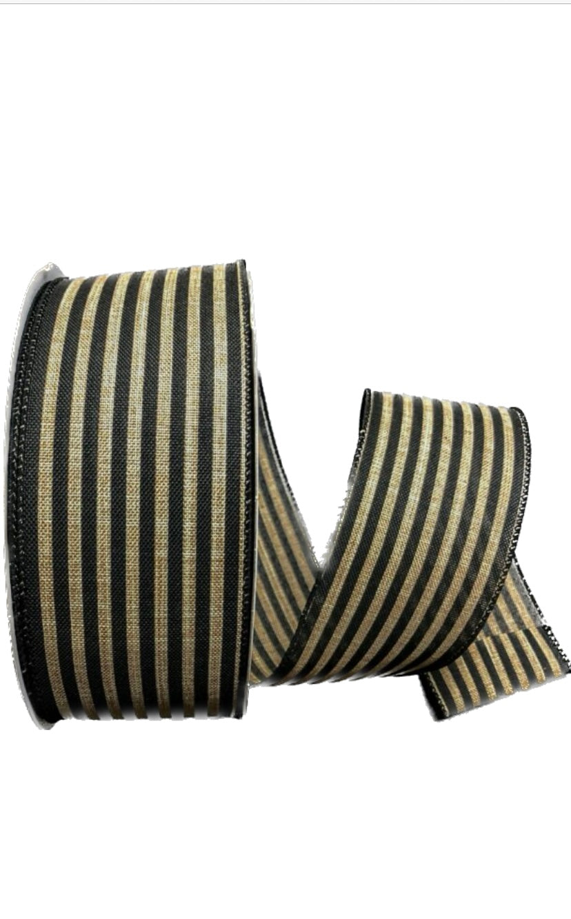50 Yards - 2.5” Wired Natural Background with Black Stripes Ribbon