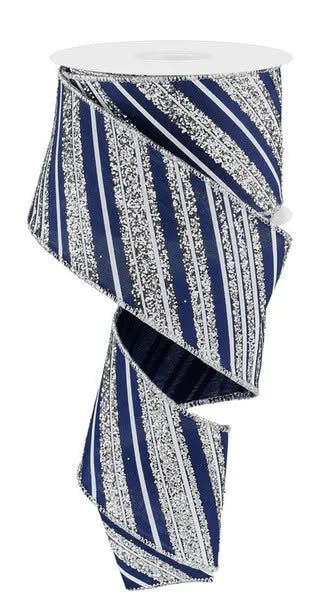Wired Navy Blue and White Silver Glitter Swirl Stripe Ribbon- 2.5”x10 Yards