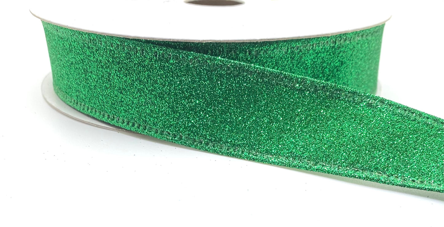 10 Yards - 7/8" Wired Emerald All Flat Glitter Ribbon