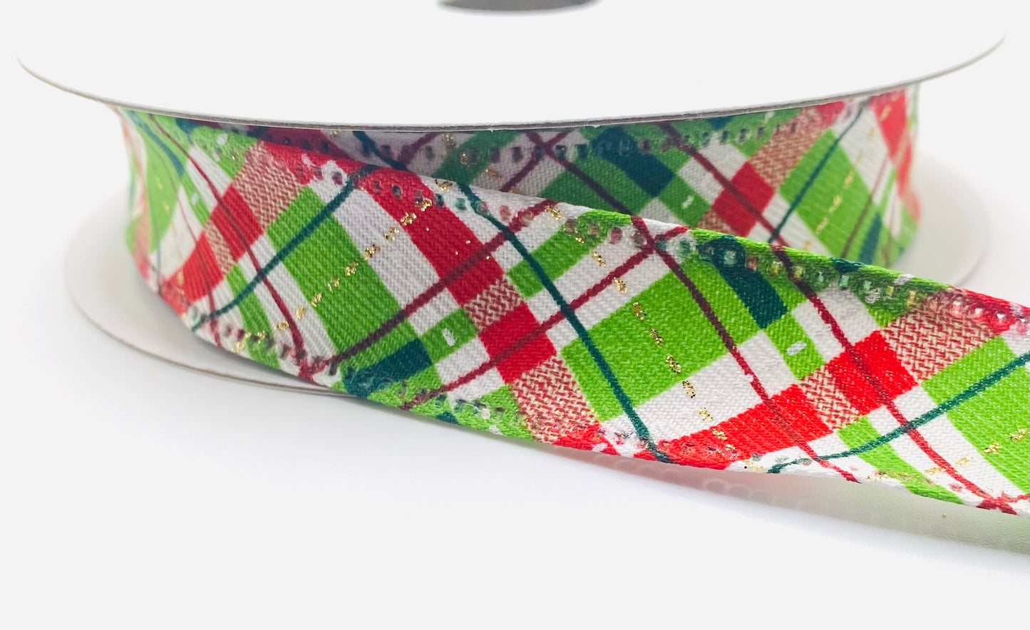 10 Yards - 7/8” White Green Red Gold Glitter Printed Plaid Ribbon