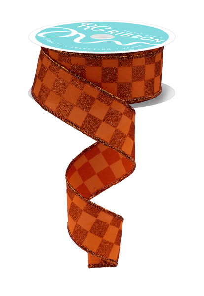 Wired Orange Print Glitter Check Ribbon- 1.5”x10 Yards