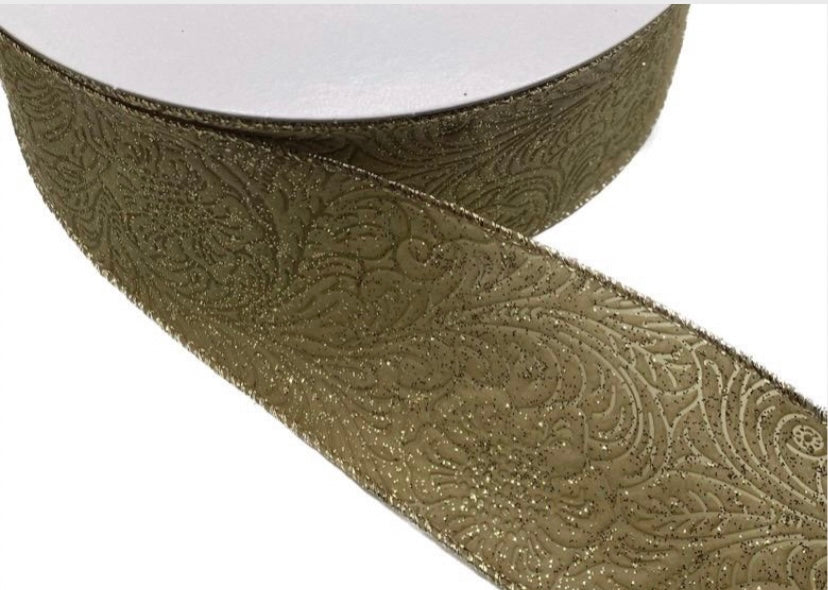 50 Yards - 2.5” Gold Glitter Floral Design Embossed Ribbon