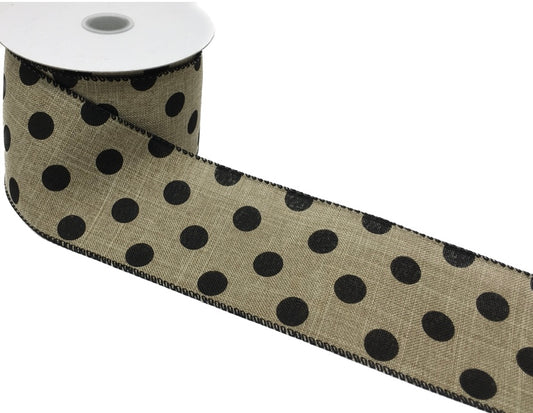 10 Yards - 2.5” Wired Black Dot On Natural Ribbon