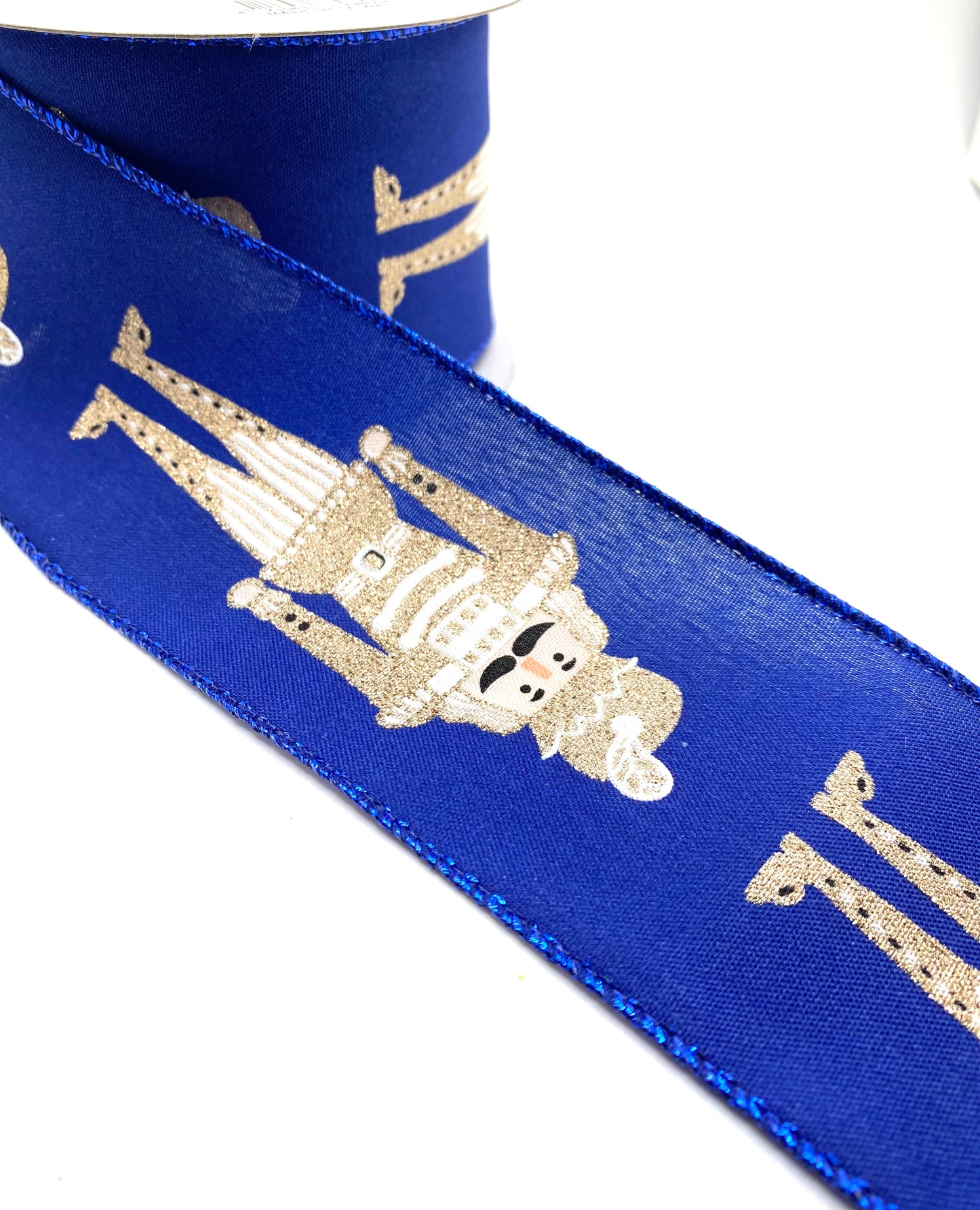 10 Yards - 2.5” Wired Navy Satin Champagne Nutcracker Ribbon