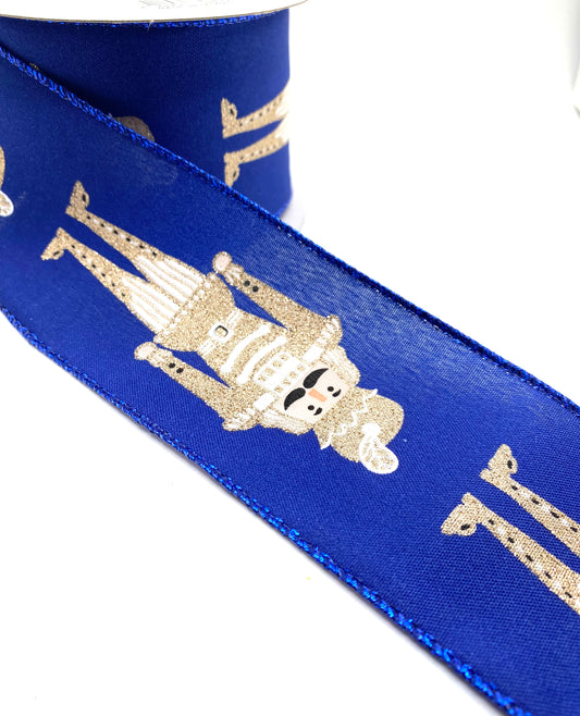 10 Yards - 2.5” Wired Navy Satin Champagne Nutcracker Ribbon