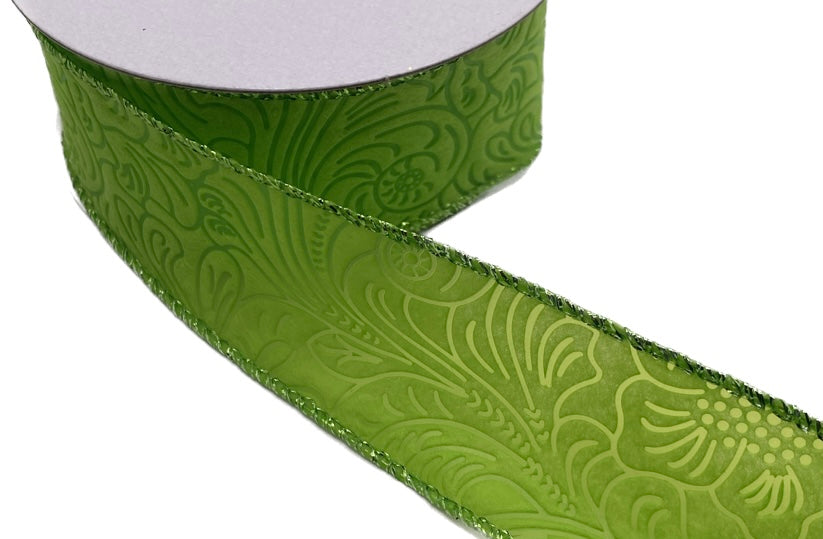 10 Yards - 1.5” Wired Lime Green Floral Embossed Ribbon