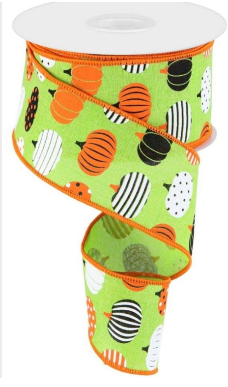 Wired Lime Pumpkin Ribbon with Orange Edge Border - Fall Ribbon - Halloween Ribbon-2.5”x10 Yards