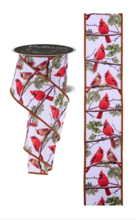 Wired White Background Cardinals on Branches Ribbon-2.5”x10 Yards