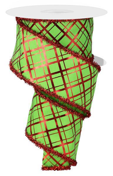 10 Yards - 2.5" Wired Like Green with Red Diagonal Lines Tinsel Edge Ribbon