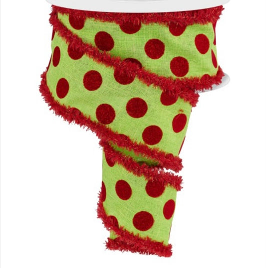 10 Yards - 2.5” Wired Lime with Red Dots Velvet Tinsel Ribbon
