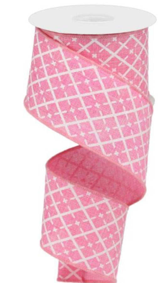 10 Yards - 2.5” Wired Pink and White Argyle with Glitter Accent Print Ribbon