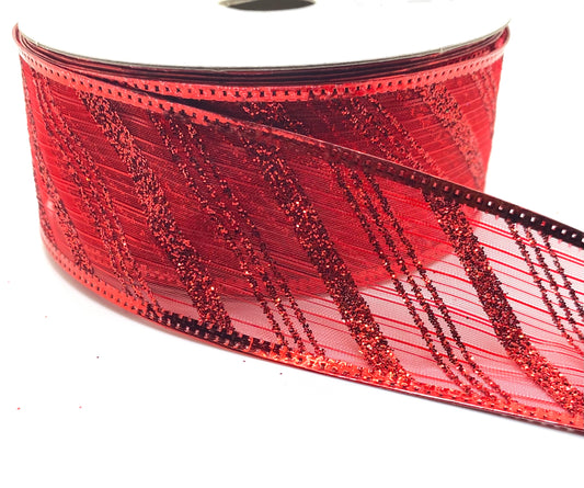 10 Yards - 1.5” Wired Red Sheer Red Glitter Diagonal Stripe Ribbon