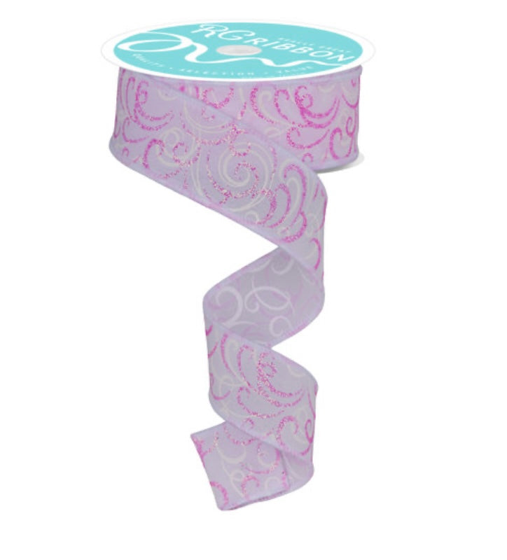 10 Yards - 1.5” Wired White and Pink Multi Swirl Glitter Ribbon