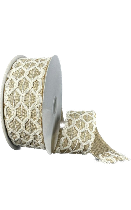 Wired Ivory Scallop Open Weave Natural Blue Burlap Ribbon-1.5”x10 Yards
