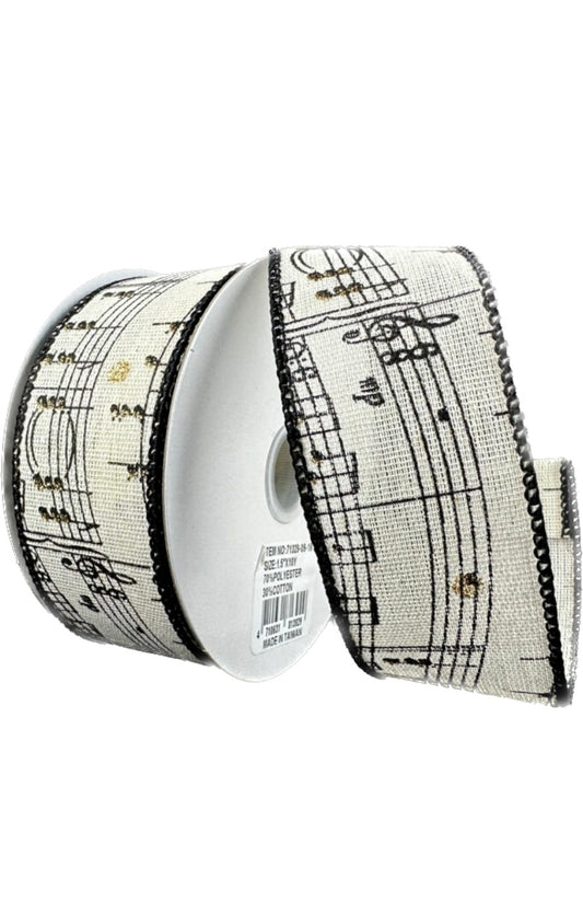Wired Ivory Linen Musical Sheet Glitter Accents Ribbon- 1.5”x10 Yards