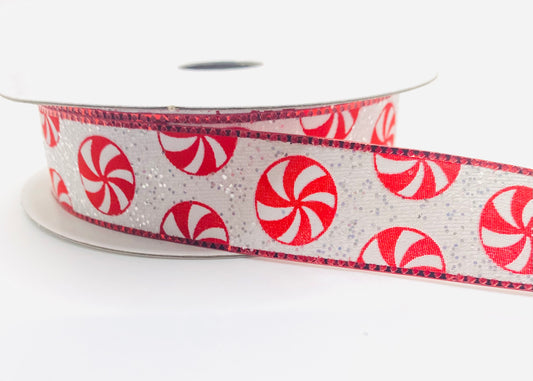 10 Yards - 7/8” Wired White Satin Peppermint Glitter Ribbon