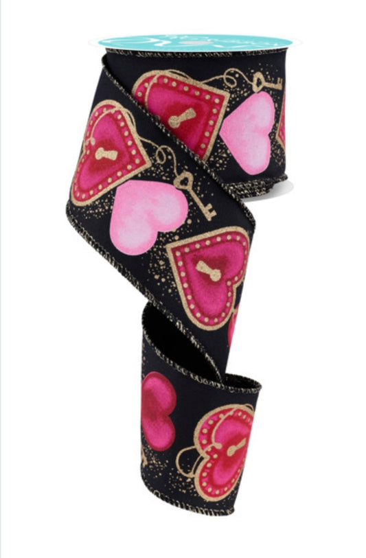 10 Yards - 2.5" Wired Black Background Valentines Day Heart Locks and Keys Ribbon