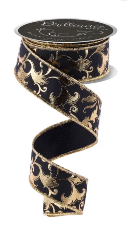 Wired Black with Gold Metallic Foil Swirl Leaf-1.5”x10 Yards