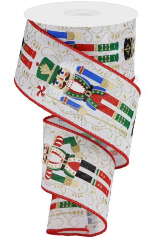 10 Yards - 2.5” Wired Christmas Nutcracker Ribbon with Gold Glitter Accent and Red Edging