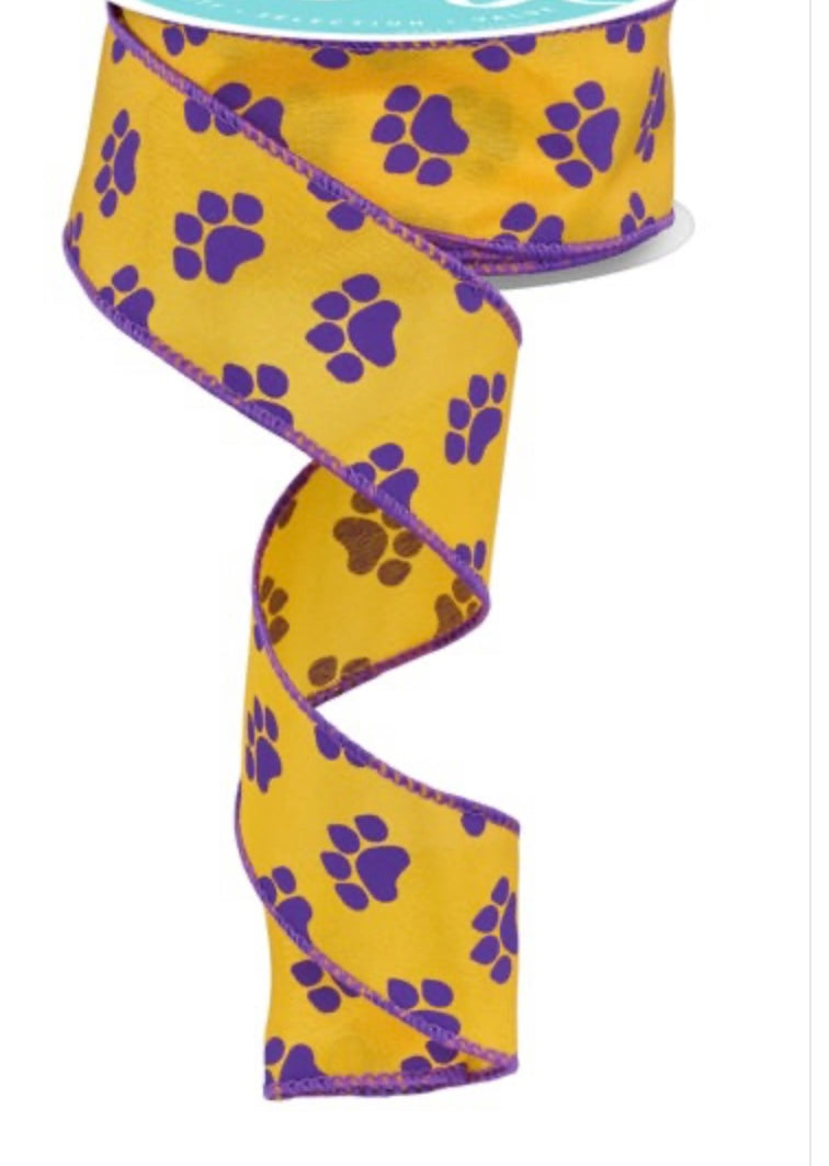 10 Yards- 1.5” Wired Yellow with Purple Paw Prints Ribbon