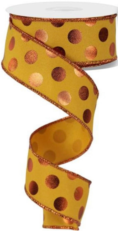 10 Yards - 1.5” Wired Dark Yellow and Copper Metallic Polka Dot Ribbon