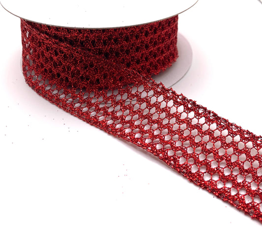 10 Yards - 1.5" Wired Red Squiggle Net Glitter Ribbon