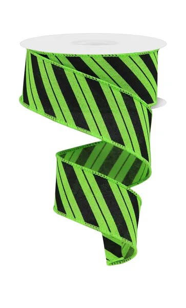 Wired Lime Green and Black Stripe Halloween Ribbon-1.5”x10 Yards