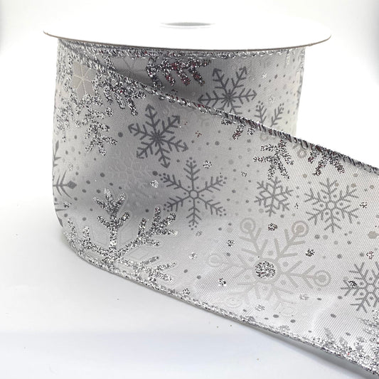 10 Yards - 2.5” Wired White Satin Silver Glitter Snowflakes Ribbon