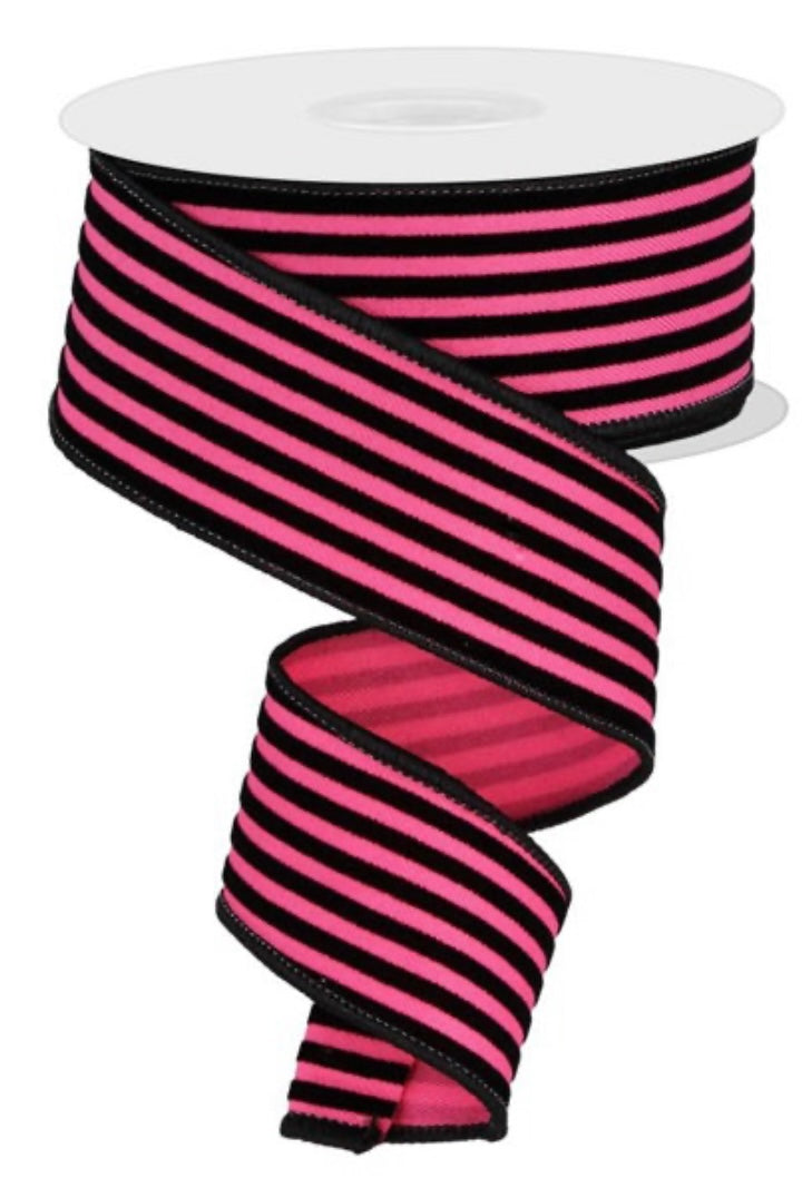 10 Yards - 1.5” Wired Hot Pink and Black Vertical Thin Stripe Ribbon