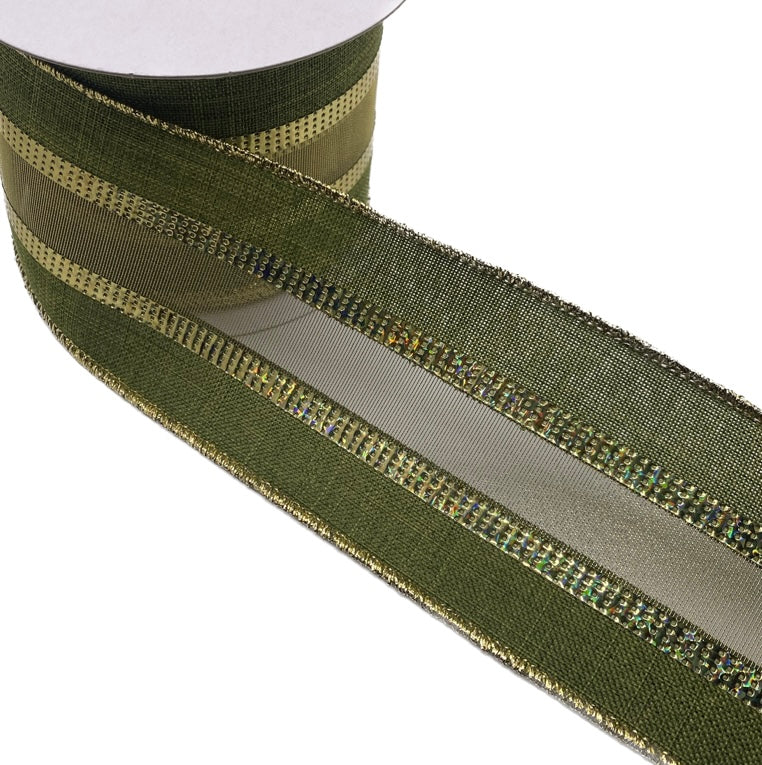 10 Yards - 2.5" Wired Moss Linen with Gold Firefly Center Ribbon