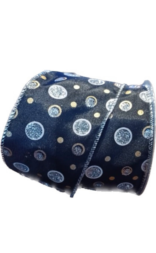 Wired Black Silver and Gold Dot Ribbon-2.5”x10 Yards