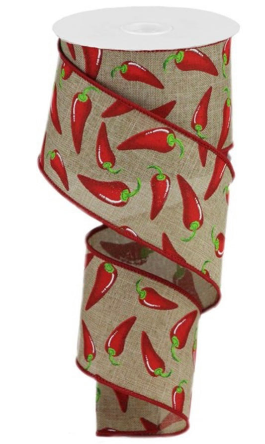 2.5x10 Yard Wired Red Chili Pepper Burlap Ribbon