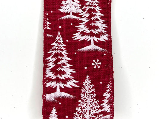 Wired White Pine Trees on Red Poly Linen Ribbon- 2.5”x10 Yards
