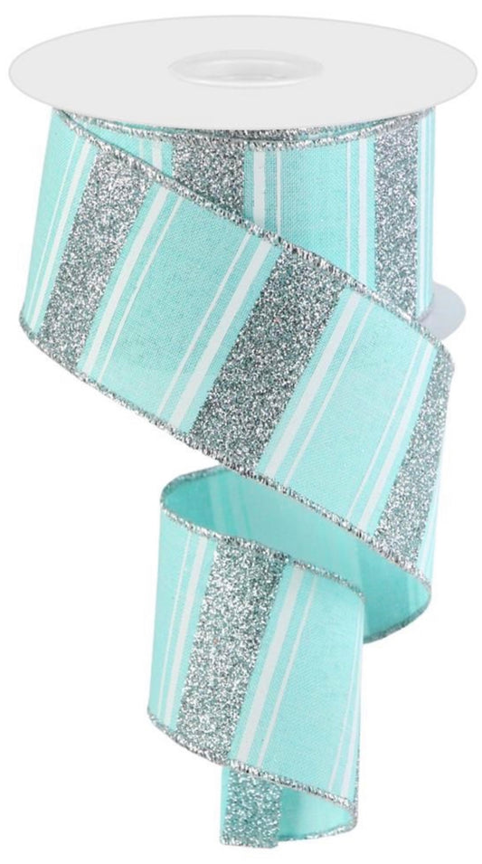 10 Yards - 2.5" Wired Ice Blue Glitter Stripe Ribbon